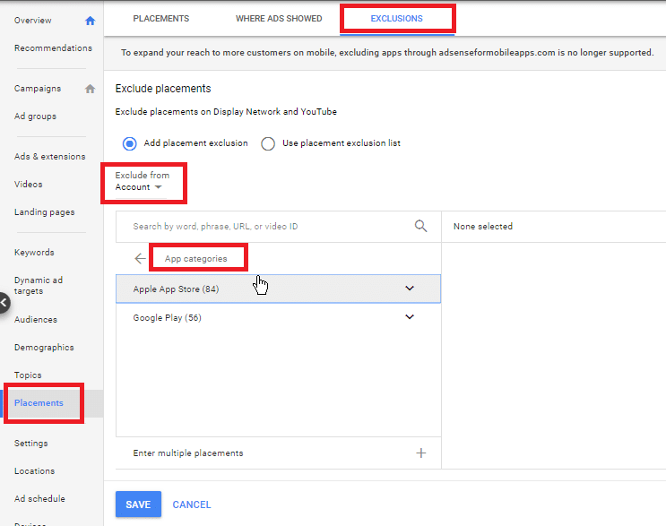 Mobile Traffic Placement Exclusions